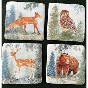 Woodland Resin Fox Owl Bear Deer Drink Square Coasters Set of 4 Log Cabin Style
